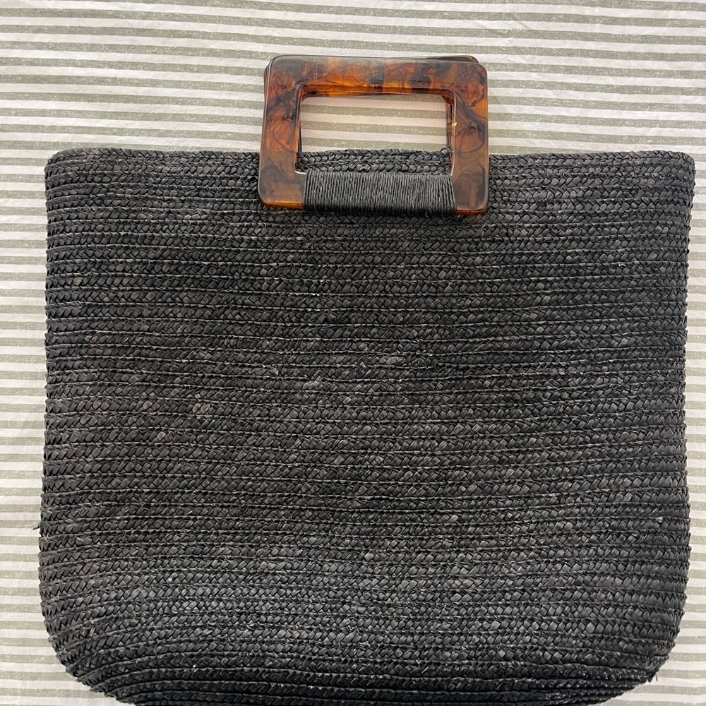 Black Woven Straw Tote Bag with Tortoiseshell Handle